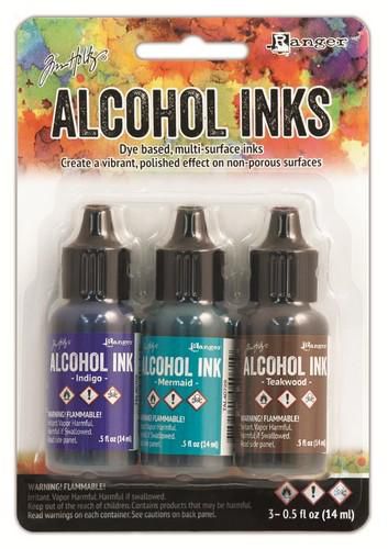 Ranger Alcohol Ink Kits Mariner Indigo, Mermaid, Teakwood TAK40866 Tim Holtz 3x15ml