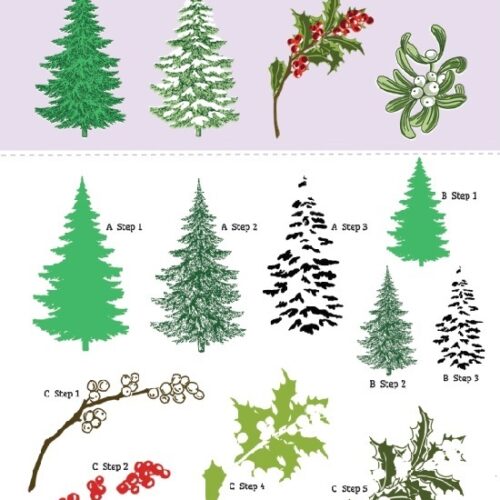 CraftEmotions Step clearstamps A5 - kerstbomen, takken Christmas Nature