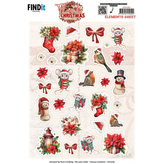CD12363 knipvel Yvonne Ceations - knipvel - Floral Christmas Small Elements